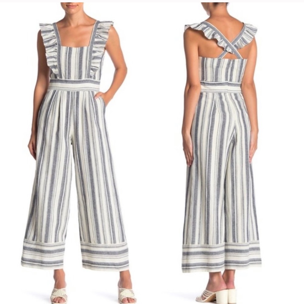 Ella Moss Blue and White Striped Ruffle-Shoulder Jumpsuit